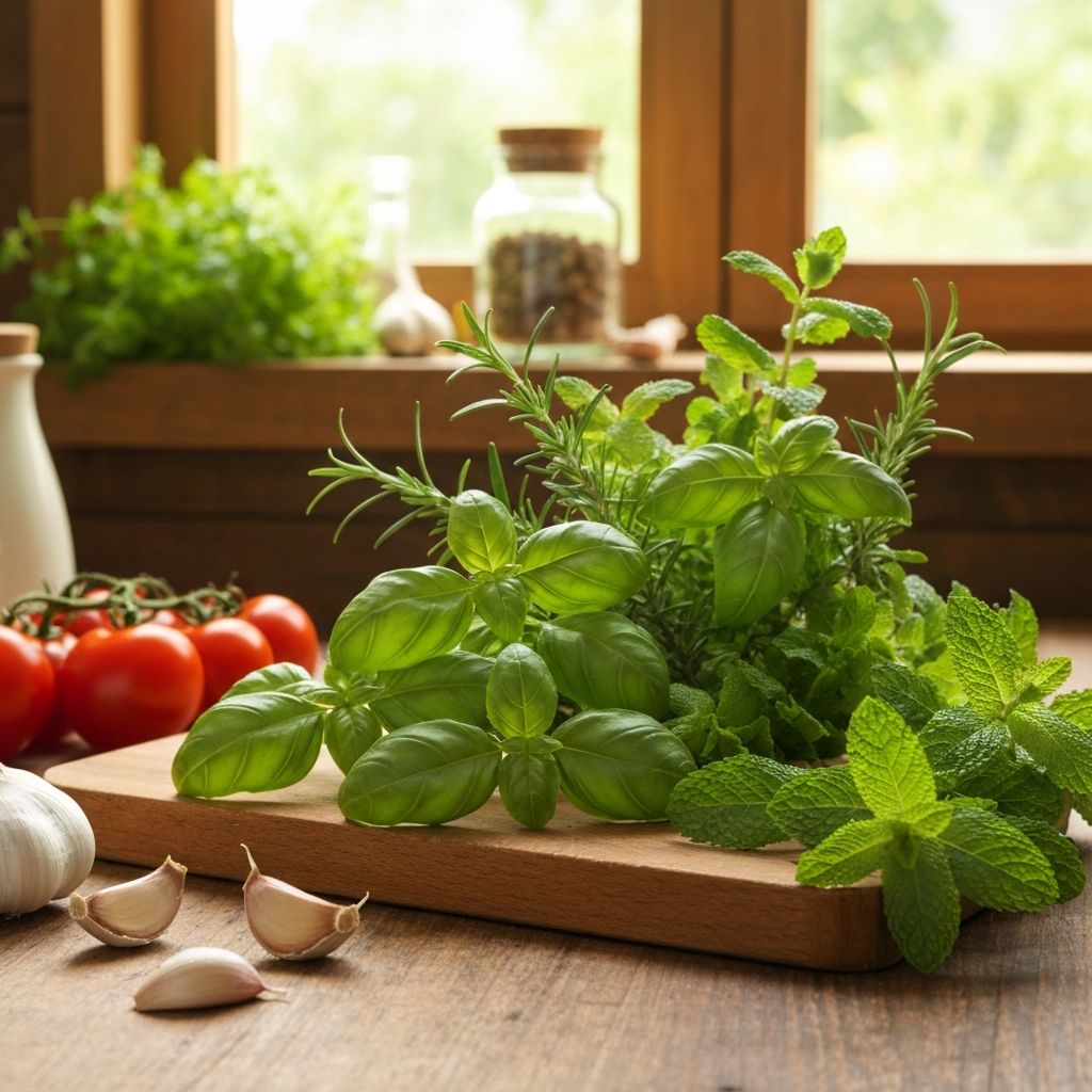 Fresh culinary herbs in kitchen setting